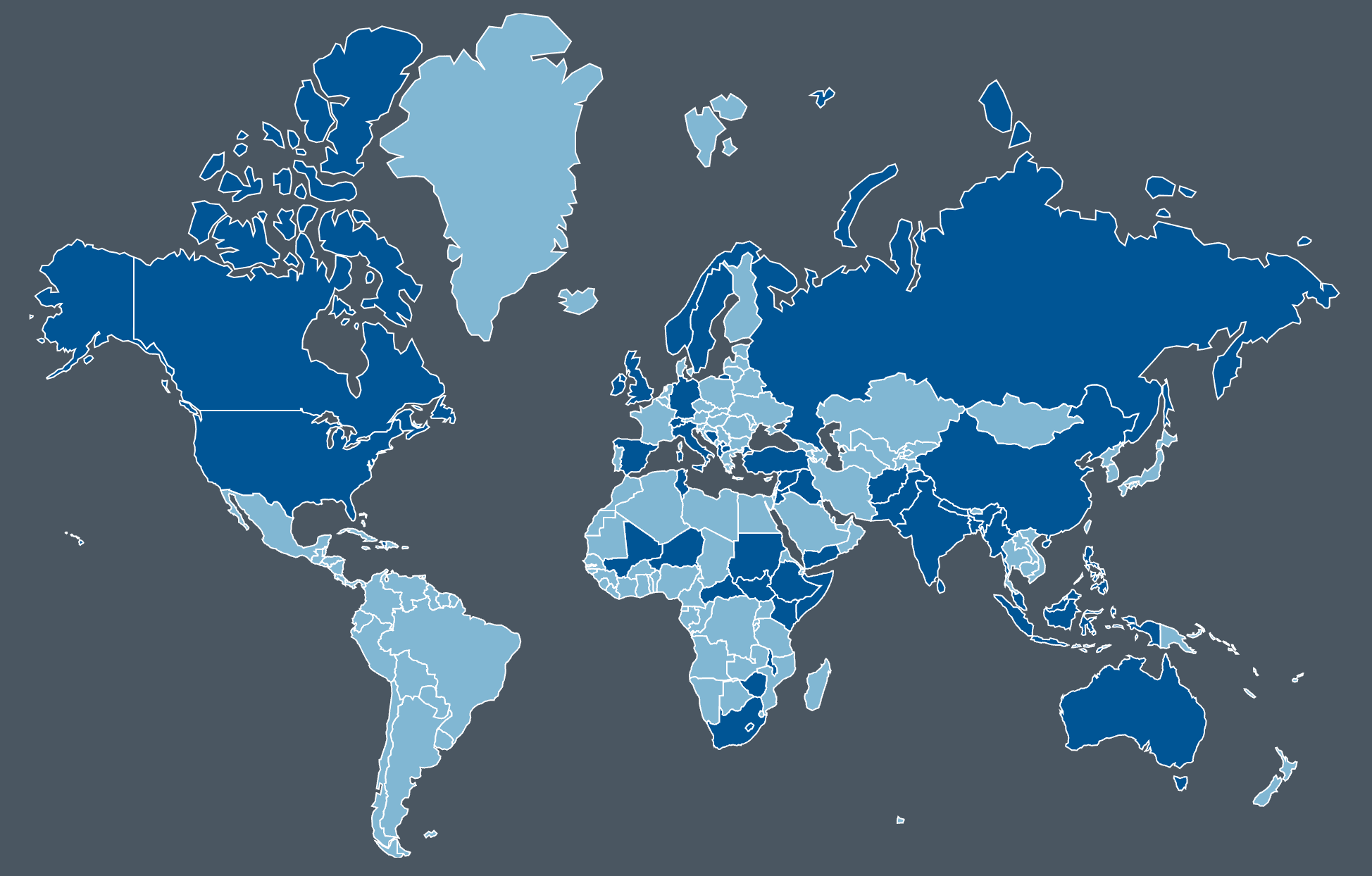 World map showing all the regions that Islamic Relief actively helps.